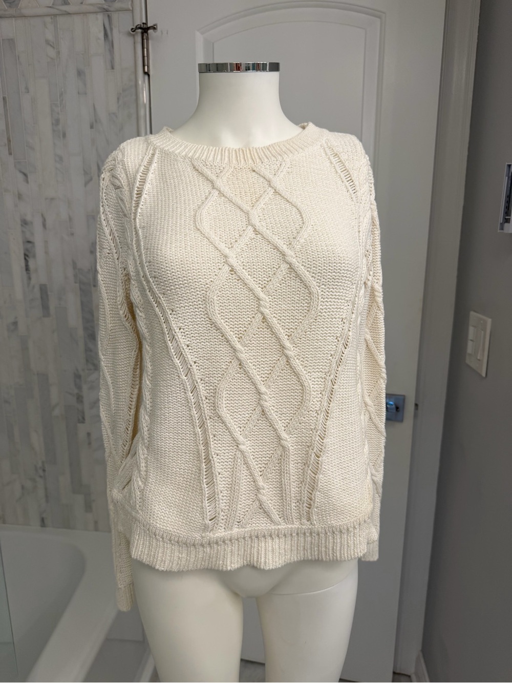 Diane Von Furstenberg Ivory Cable-Knit Crewneck Sweater Sz S Cotton